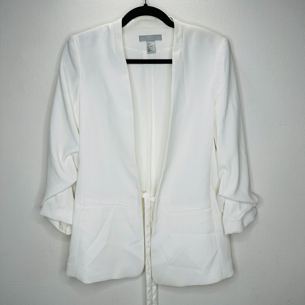 H&M Cream Linen Blend Fitted Blazer Jacket Hook & Eye Front 3/4 Ruched Sleeves 4